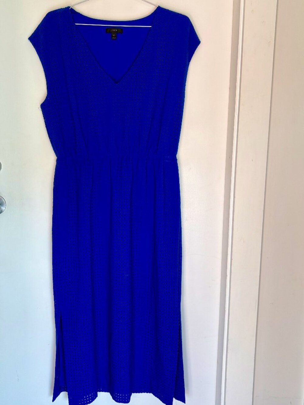 J.Crew Cobalt Blue Perforated Laser Cut V-Neck Midi Dress Pockets